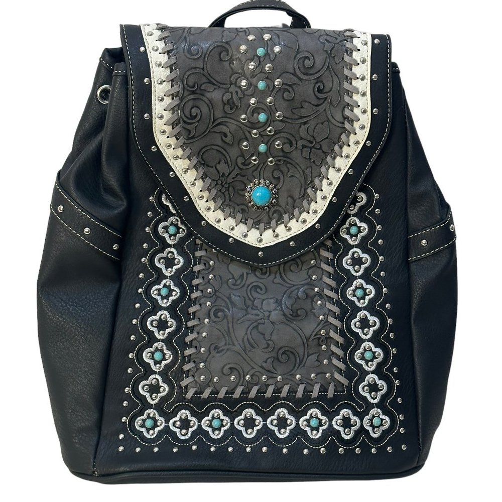 (8-207) Brand New w/Tag Black/Gray Embroidered Western Multifunctional Backpack